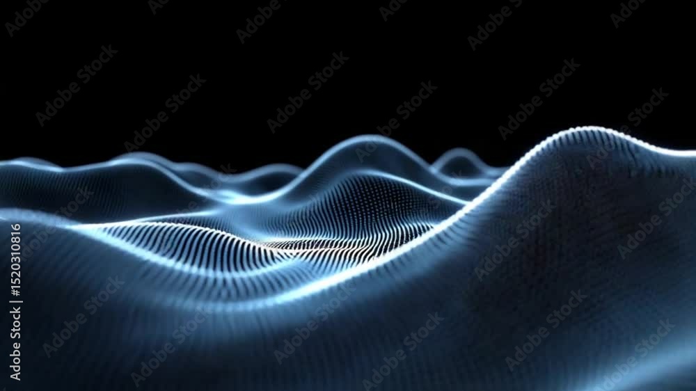 Poster abstract blue digital particle wave flows on black background, technology animation