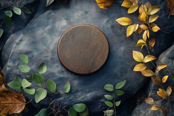 Elegant Earthy Wooden Platform with Greenery and Seasonal Leaves Nature-Inspired Flatlay for Organic and Sustainable Decor Photography