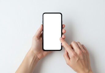 Person holding a smartphone with a blank screen, isolated on white background Photos