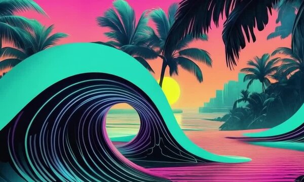 "Futuristic Neon Summer Paradise &ndash; 4K Loop Animation"
A surreal, futuristic summer animation featuring neon waves, glowing tropical plants, and a sci-fi beach city skyline at sunset. The vibrant syn
"