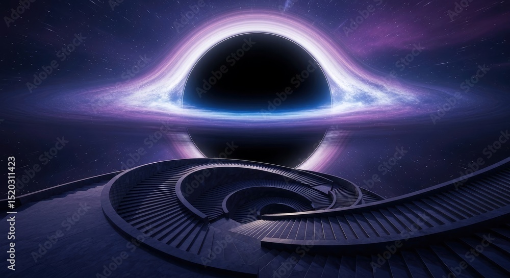 Poster a pixelated landscape under a vast purple and blue galaxy backdrop with a black hole features a comp