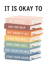 Stack of Book with Text Phrase Yourself Help Mistake Feeling Okay Pink Blue
