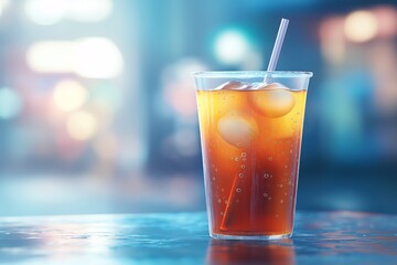 Colorful Iced Tea Beverage with Straw and Ice Cubes on Table - Refreshing Summer Drink Photography for Caf and Catering Promotions