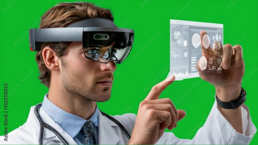 Poster visionary in augmented reality: a focused doctor wearing a cutting-edge augmented reality headset in