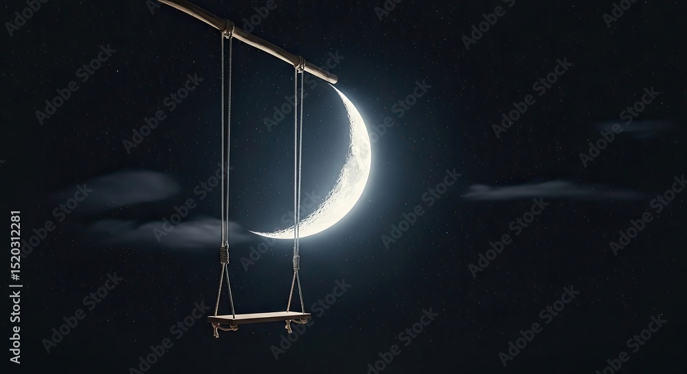 Poster a digital illustration showcases a pixelated crescent moon with a swing hanging beneath against a st