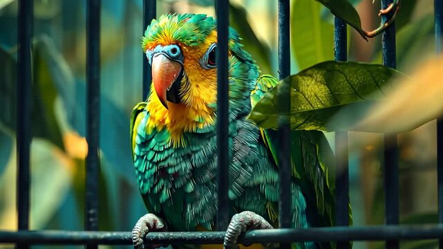 Vibrant parrot behind bars
