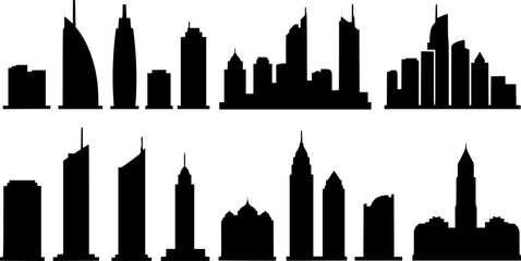 This vector collection showcases various buildings embodying modern architectural styles
