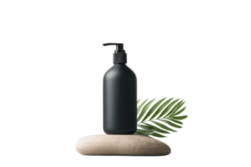 Minimalist black bottle with pump on stone and green leaf, cut out