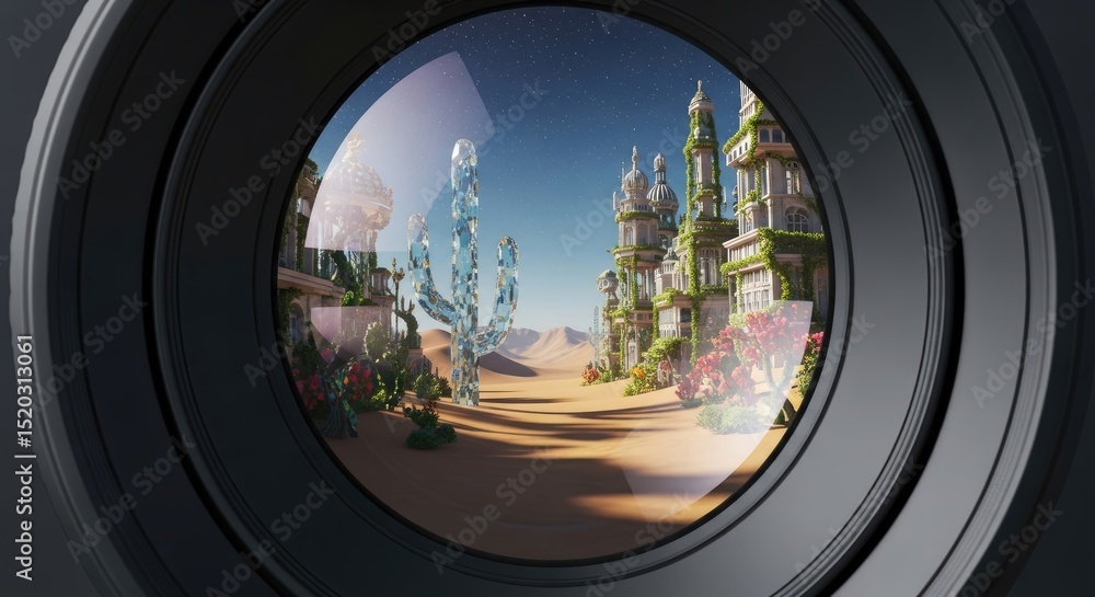Poster pixelated desert landscape with fantasy architecture framed by a camera lens creating a unique persp