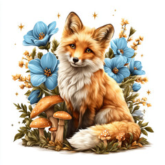 A cute fox is sitting among blue flowers and brown mushrooms with some green leaves on a white background looking forward.