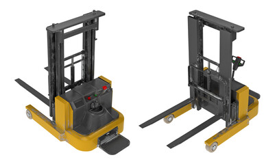 Industrial forklift trucks in yellow and black colors. Electric pallet jacks for warehouse material handling. 3d rendering © petrovk