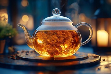 Glass Teapot Brew with Herbal Tea Leaves. Cozy Hot Beverage in Warm Lighting for Tranquil Tea Time