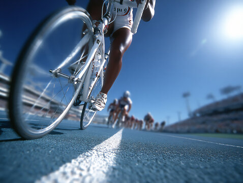 close-up photograph of a cyclist's feet clipped into pedals at the starting line of a cycling race o