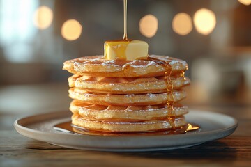 Delicious Fluffy Pancakes with Syrup and Butter - Gourmet Breakfast Brunch Dessert. Food Photography with Natural Light