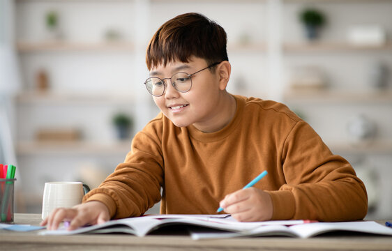 Smiling intelligent asian schooler chubby teen boy doing homework, sitting at table and writing at notebook, enjoying educational process, copy space, home interior. Kids and school concept