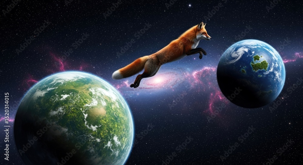 Poster pixelated fox leaping between two planets in a vibrant space scene with galaxy background