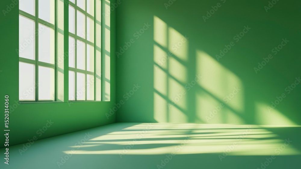 Poster sunlit green room corner with large window casting shadows on wall and floor.
