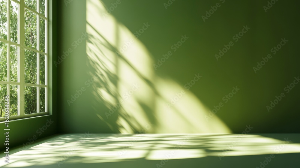 Poster sunlit green room corner with window and tree shadows.
