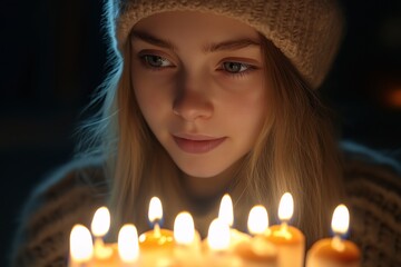 Serene Candlelight Portrait of a Young Woman in a Hat with Cozy Winter Vibes and Soulful Gaze
