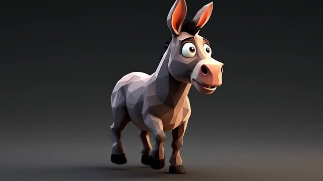 Cartoon Donkey Walks Forward in a Studio Setting with Low Poly Style.