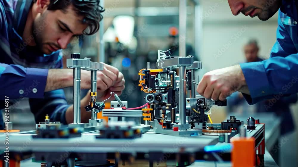 Aufkleber engineers collaborating on complex machinery assembly in a high-tech manufacturing facility