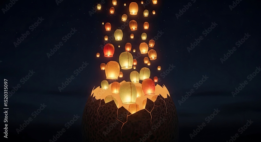 Poster digitally rendered night scene featuring floating lanterns ascending from a dark silhouette against 