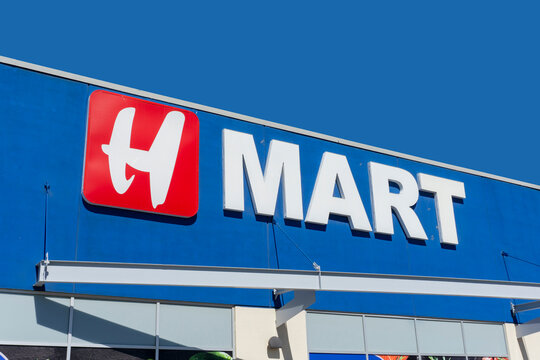 Store logo of H Mart in Calgary, an American chain of Asian supermarkets and the largest Asian specialty U.S.-based grocery store chain with locations in the U.S., Canada and the U.K.