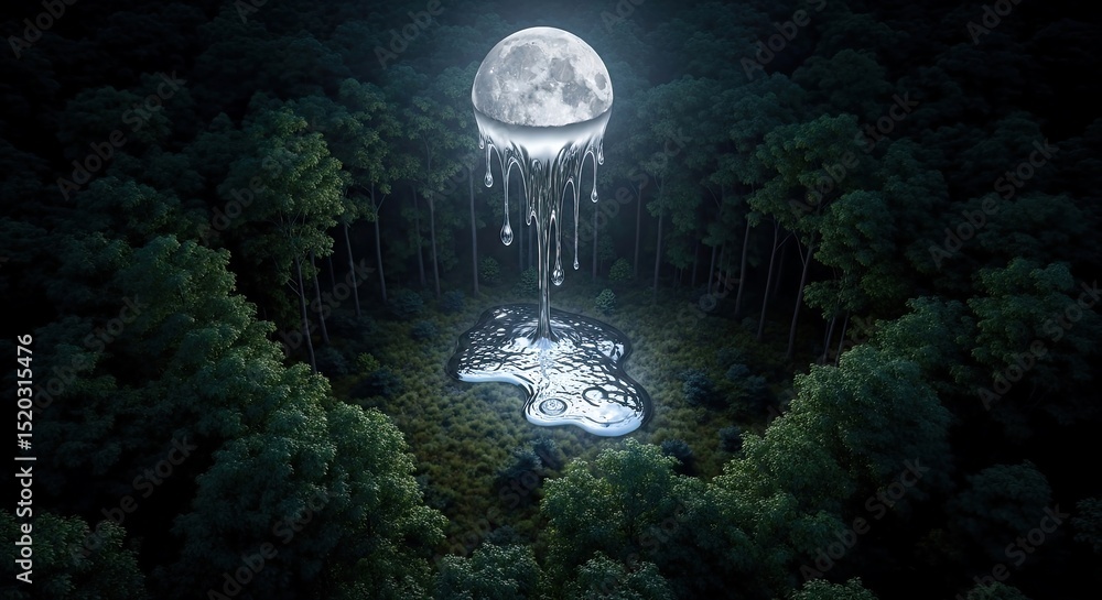Poster digital illustration of a pixelated moon melting into a pool within a dense forest creating an ether