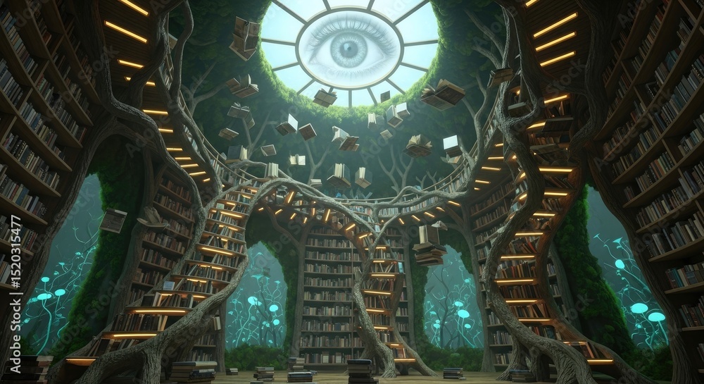 Poster Digital art of a pixelated library interior featuring arched bookshelves with a central staircase trees and a large eye in the ceiling window and flying books.