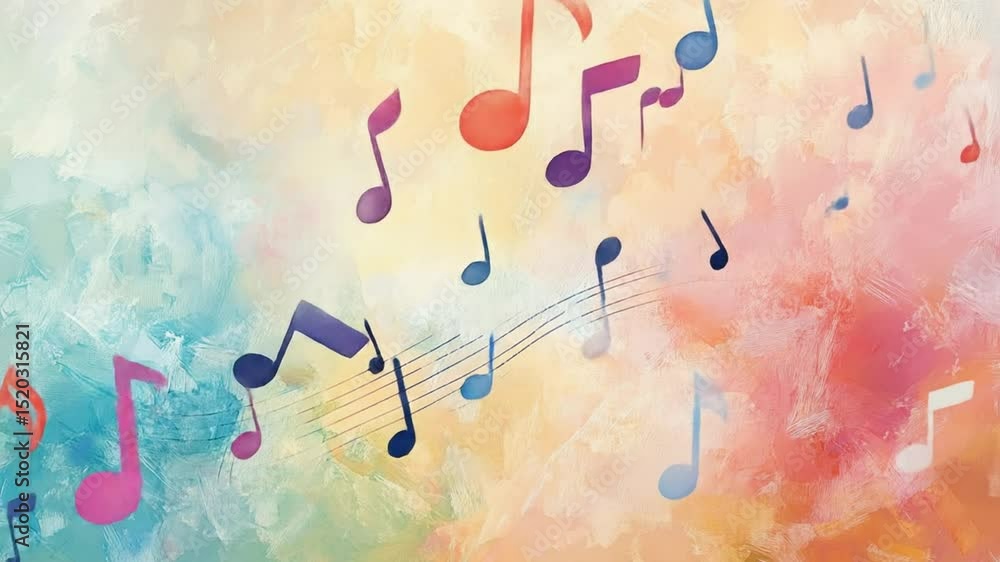 Poster colorful music notes floating on painted background a cheerful animation concept
