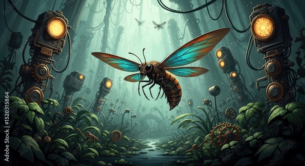 Poster a pixelated moth with vibrant blue and brown wings hovering amidst lush green foliage and glowing st