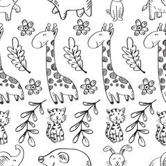 Seamless pattern with cute hand drawn animals on black and white. 