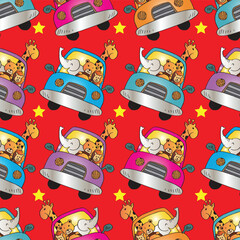 Seamless pattern with cute cartoon giraffes on a car