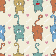 Seamless pattern with cute cartoon cats and hearts. Vector illustration.