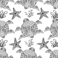 Seamless pattern with turtles and starfishes. Black and white.