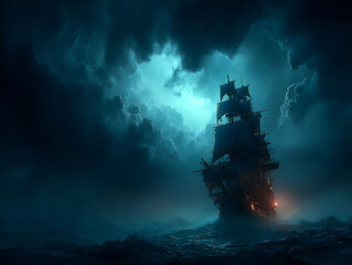 ominous photograph of a dark, stormy sea with a single, small boat being tossed by large waves