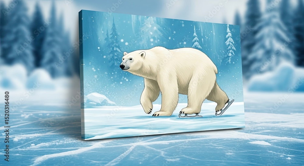 Poster a pixelated bear on canvas display set against a winter forest scene with snowfall and ice surface b