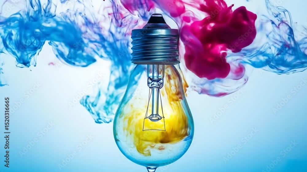 Poster creative lightbulb with colorful ink dissolving in water idea generation process