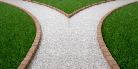 overhead photograph of a winding path diverging into two separate roads