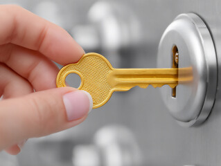 secure photograph of a hand placing a gold key into a lock on a vault door
