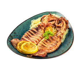 grilled whole squid with lemon pieces