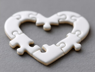 top-down photograph of scattered puzzle pieces gradually fitting together to form a whole heart shap