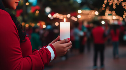 Hands holding a lit candle at a festive ceremony for celebration and reflection