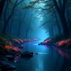 Serene river between trees in the forest.
