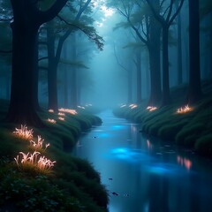 Serene river between trees in the forest.
