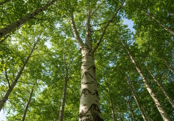 Fototapeta premium Birch trees canopy view from below isolated on white background