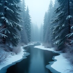 Serene river between trees in the forest in winter
sunset, landscape,