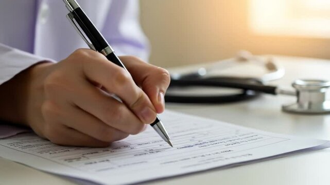 Close-up of Doctor's Hand Writing on Medical Document with Pen