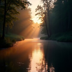 Serene river between trees in the forest, peaceful, nature,
