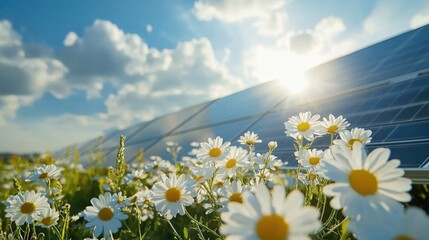 natural green agriculture field with solar panels system. renewable green power technology for better environment.